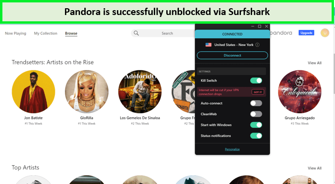pandora-unblocked-via-surfshark-’outside’-USA