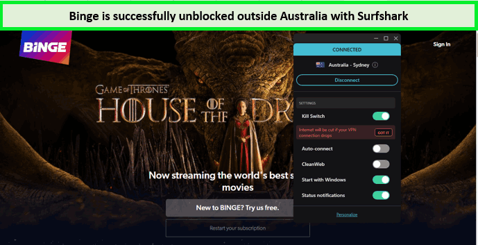 screenshot-of-binge-unblocked-with-surfshark-outside-Australia
