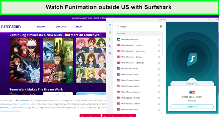 Funimation outside US is accessible with Surfshark